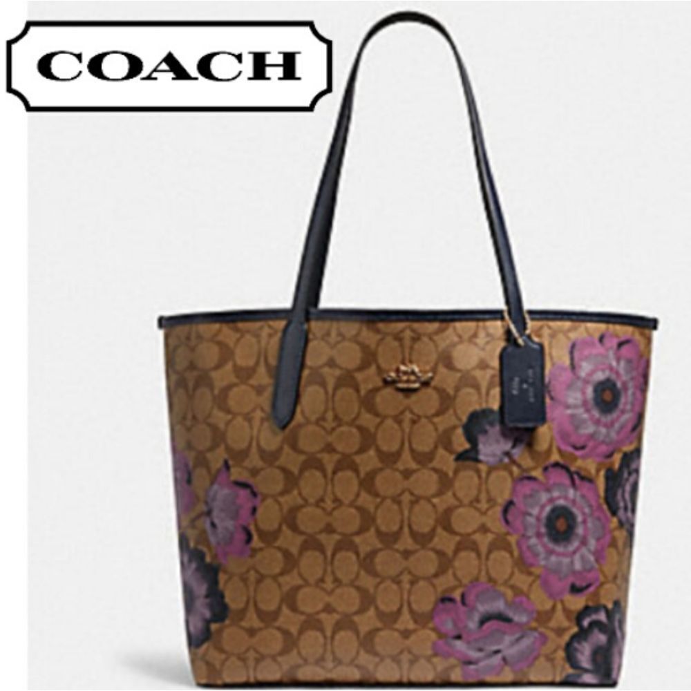 Coach X Kaffe Signature C Monogram & Purple Floral Blooms City Tote